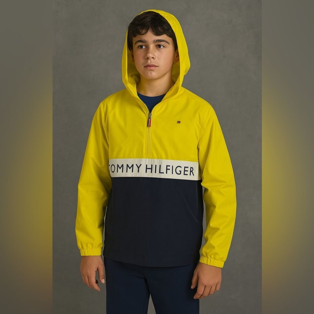 Tommy Hilfiger Boys Hooded Windbreaker Jacket Yellow Navy Size Large 16/18 NW